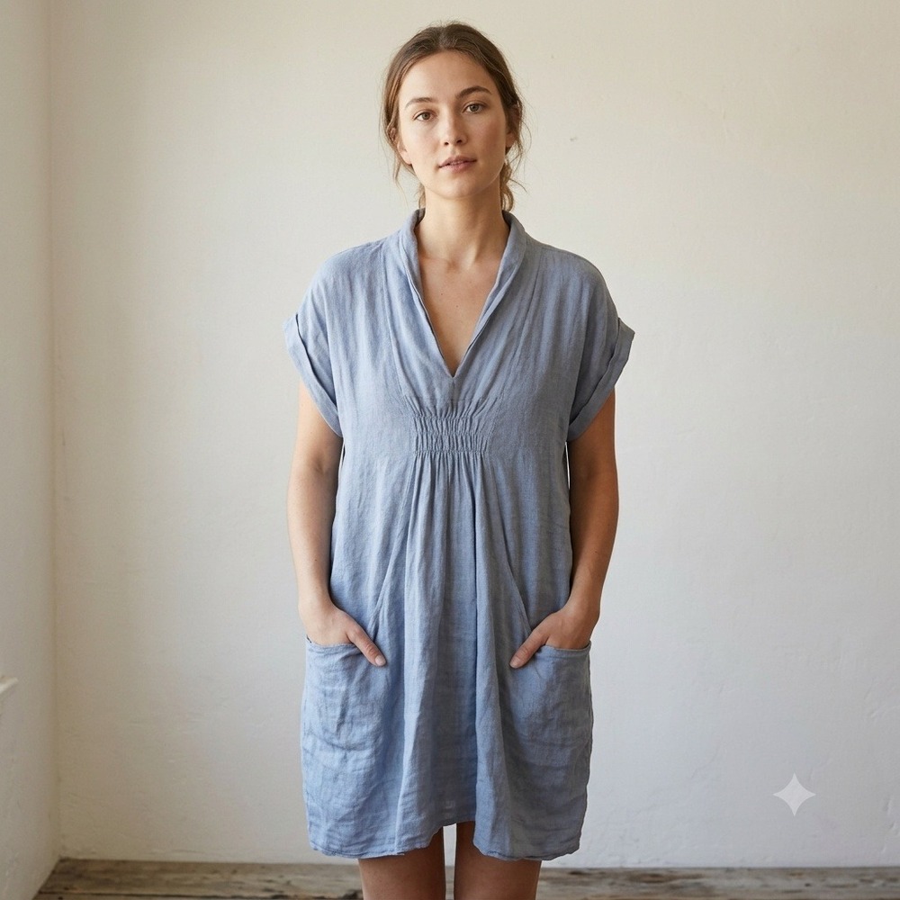 Meo Meli Womens Dress OS Blue Linen Blend Smocked V-Neck Pockets Lagenlook Italy